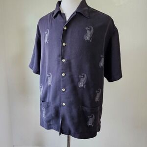 Vtg 90s Y2K Burnside Dark Gray Tiki Embroidered Short Sleeve Button Shirt Size L